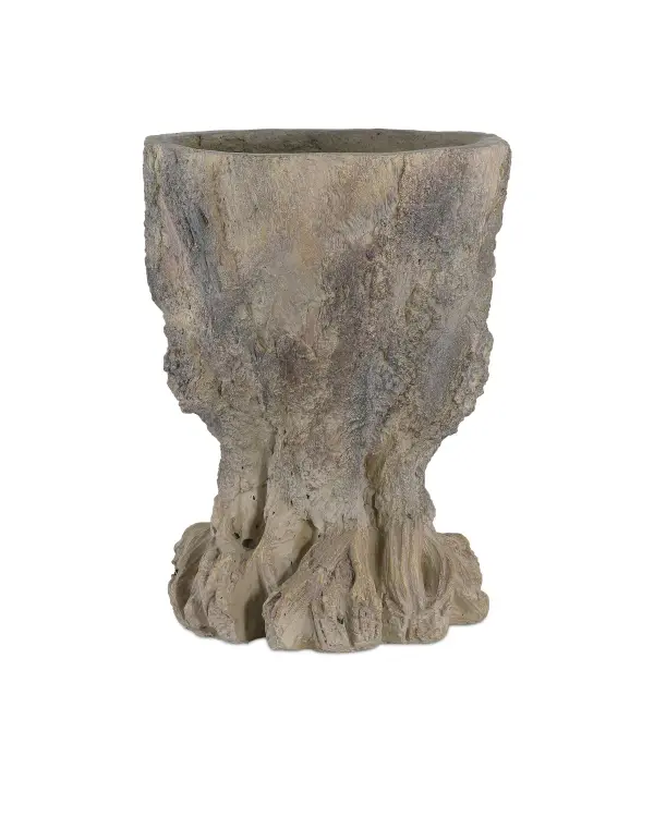 This fiber cement planter masterfully replicates aged wood with convincing gnarled roots and dappled finish. At 25 lbs, it's substantial enough for outdoor use while remaining manageable. The drain hole ensures proper plant care.