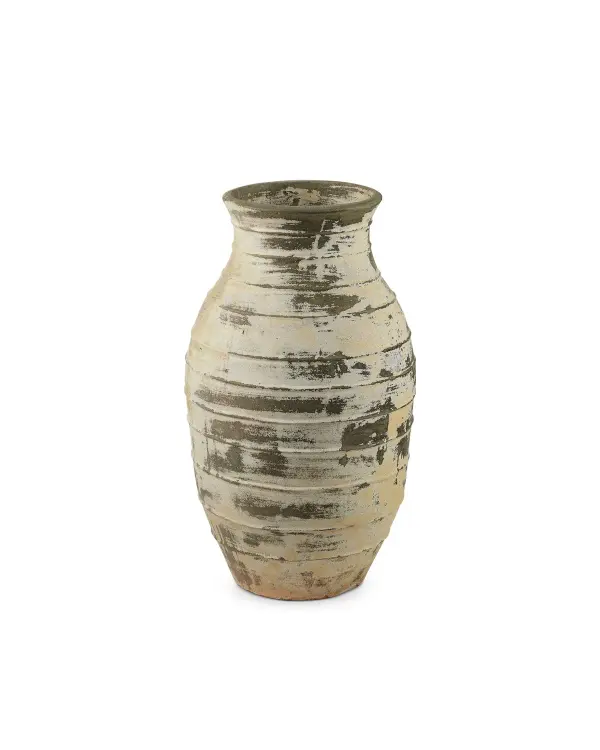 This substantial terracotta urn brings timeless Italian garden elegance indoors or out. The distressed antique white finish with authentic pitting creates an heirloom look that anchors any space with Old World charm.
