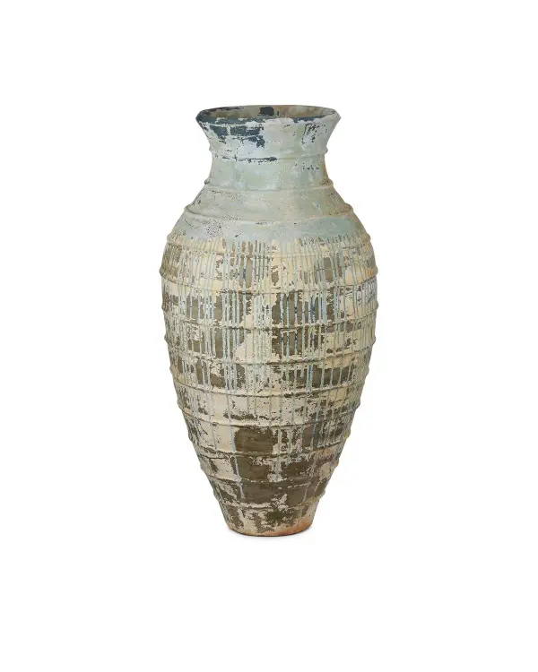 This extra-large terracotta urn captures centuries of Italian garden tradition with its deliberately aged white finish and blue drip glaze. At over 5 feet tall, it makes a commanding statement indoors or out.