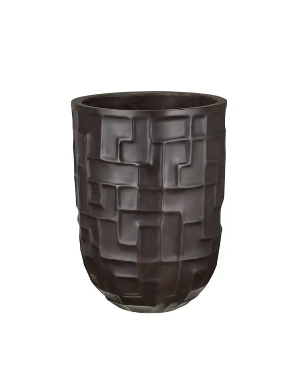The Cultivar Medium Planter brings architectural sophistication to outdoor spaces with its stepped geometric pattern and rich Lava finish featuring mother-of-pearl accents. Frost-resistant and built for durability.