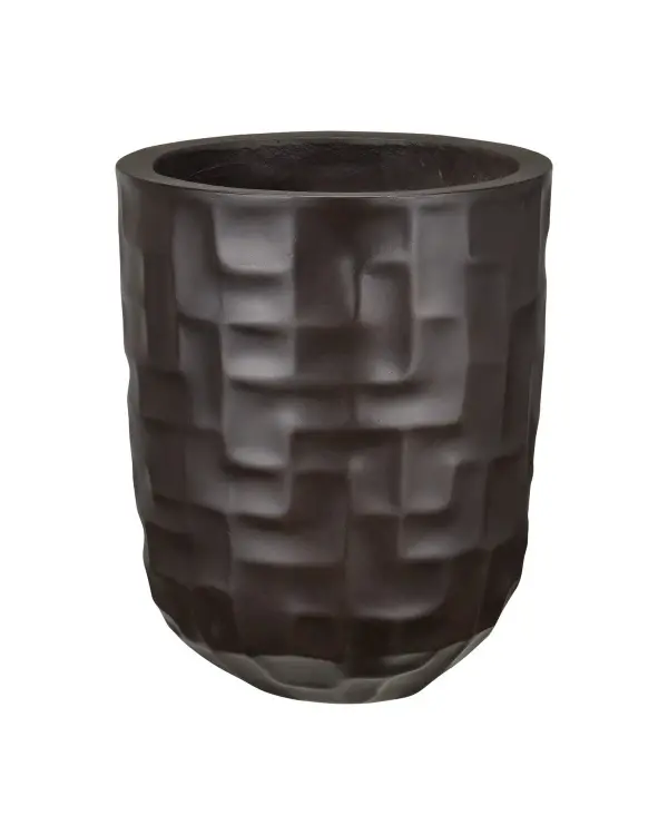 A bold statement piece featuring a highly geometric stepped pattern in a rich Lava finish with mother of pearl accents. Built for outdoor durability with frost resistance and proper drainage.