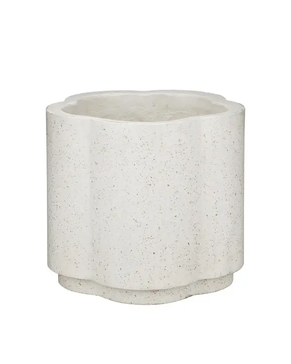 This substantial ivory terrazzo planter combines durability with refined aesthetics. The fiberglass-reinforced concrete construction ensures frost resistance and longevity, while embedded amber glass fibers and metallic flecks add subtle visual interest. Its low, wide profile accommodates generous plantings for both indoor and outdoor spaces.