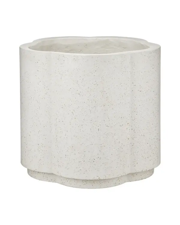 This large-scale planter combines durability with refined aesthetics through its ivory terrazzo finish and fiber-reinforced concrete construction. The embedded glass and metallic flecks add subtle visual interest while the frost-resistant material ensures year-round outdoor performance.