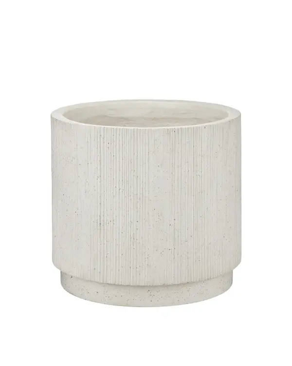 A substantial outdoor planter combining durability with refined aesthetics. The ivory terrazzo finish features amber glass fibers and metallic flecks that catch light beautifully. Frost-resistant construction makes it ideal for year-round outdoor use.