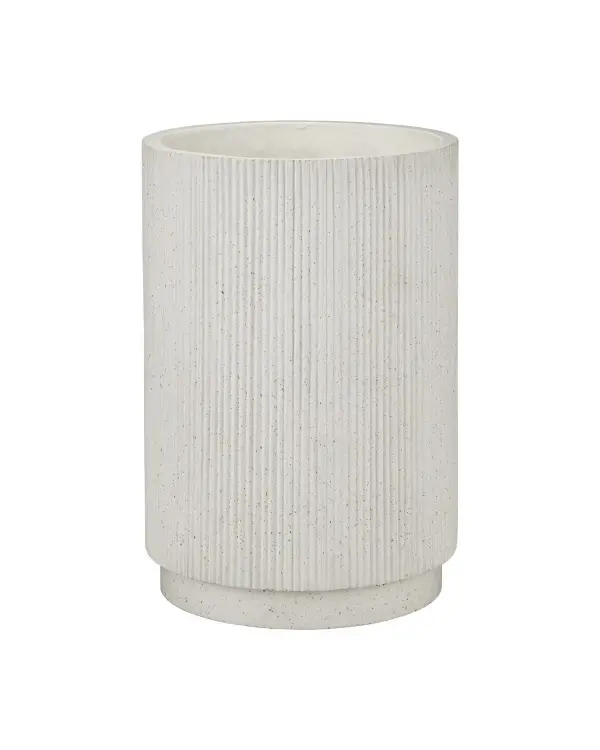 This substantial ivory terrazzo planter combines durability with refined aesthetics. The fiberglass-reinforced concrete construction ensures frost resistance, while embedded metallic and amber glass flecks add subtle visual interest. Its generous 32-inch height accommodates taller plants and trees, making it ideal for creating dramatic entrance statements.