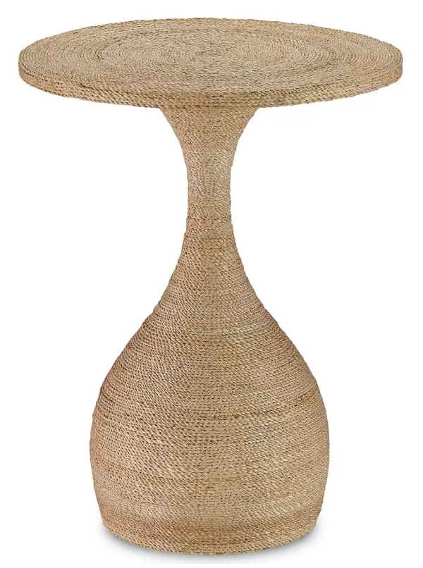 The Simo Accent Table brings organic warmth and artisanal craftsmanship to any space. Its distinctive inverted wine glass silhouette is meticulously hand-wrapped in natural Abaca rope, creating rich texture and visual interest.
