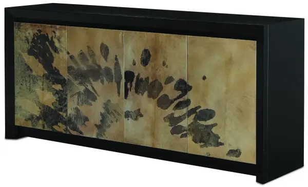 This substantial credenza combines solid oak construction with luxurious faux vellum veneer doors and a contrasting caviar black frame. Eight adjustable shelves and thoughtful features like soft-close hinges and cord management make it both beautiful and functional.