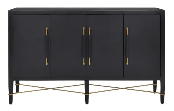 A striking sideboard that combines black lacquered linen with champagne metal accents. The distinctive stretcher design adds architectural interest while maintaining clean, contemporary lines. Substantial construction at 270 lbs ensures stability and longevity.