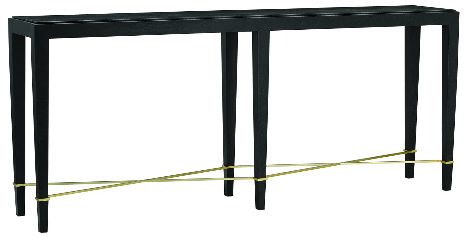 Verona Console Table in Black Lacquered Linen with Champagne Accents