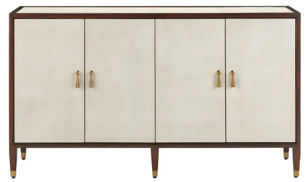 This sophisticated credenza brings 1920s glamour to modern interiors with ivory faux shagreen panels, rich dark walnut framing, and brass hardware. At 60 inches wide, it offers substantial storage while making a statement piece.