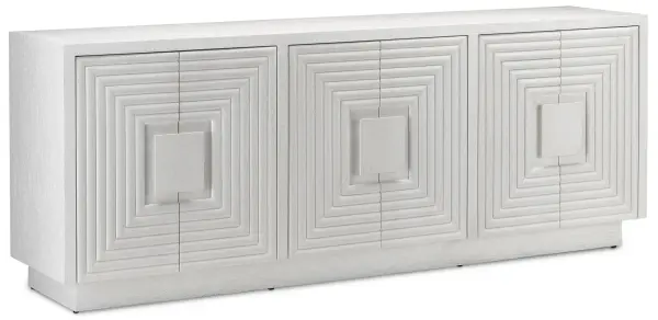 This substantial credenza showcases centuries-old cerusing technique on white oak, creating geometric depth through natural wood grain patterns. At 84 inches wide, it offers generous storage with refined coastal-modern appeal.