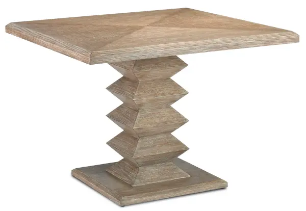 The Sayan Dining Table brings warmth and texture to smaller dining spaces with its wire-brushed oak construction and cerused light pepper finish. At 42 inches square, it's perfectly sized for intimate gatherings while showcasing natural wood grain.