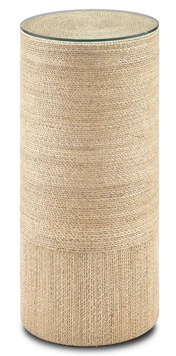 This striking accent table showcases exceptional craftsmanship with natural abaca rope meticulously wrapped around a wooden base. The clear glass top provides a functional surface while allowing the intricate rope work to remain visible. Perfect for coastal, organic, or artisanal interiors seeking a textural focal point.