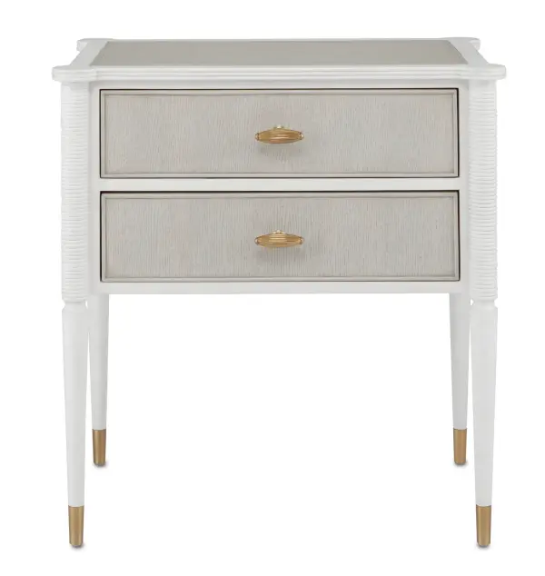 This sophisticated nightstand draws inspiration from Winterthur Museum antiques, combining off-white and fog finishes with warm brass hardware. The two-drawer design offers practical storage while maintaining refined aesthetics.