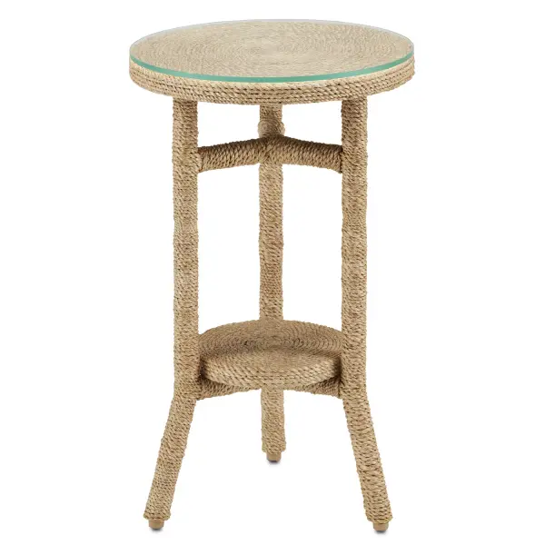 This artisan-crafted drinks table showcases meticulous Abaca rope wrapping over a wrought iron and wood frame. The natural texture and clear glass top create a sophisticated coastal accent that's both functional and decorative.