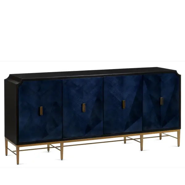 A striking 80-inch credenza that combines dark sapphire sycamore veneers with caviar black framework and antique brass accents. The substantial piece offers refined storage with textured wood grain and metallic details.