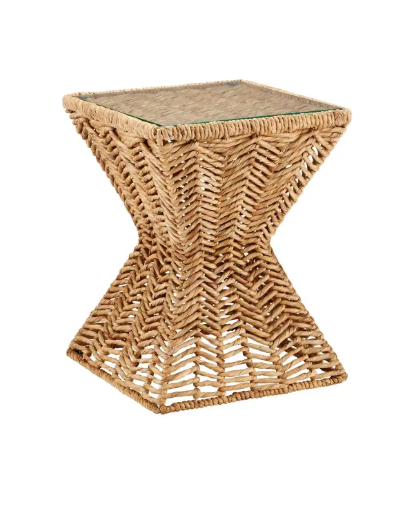 A beautifully handcrafted side table featuring water hyacinth rope meticulously wrapped around a metal frame in a sophisticated square hourglass silhouette. The natural texture and organic materials bring warmth to any space.