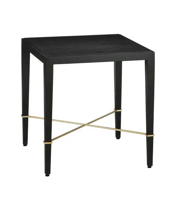 Verona End Table in Black Lacquered Linen with Champagne Accents