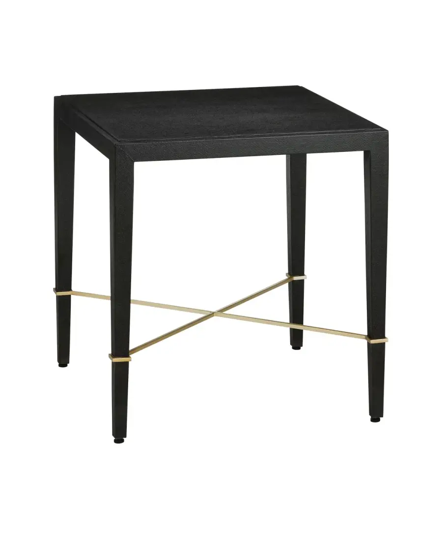 Verona End Table in Black Lacquered Linen with Champagne Accents