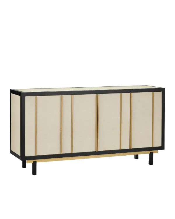 A stunning 72-inch credenza featuring handwoven raffia panels framed in black Okoume wood with brushed brass accents. The protective glass top preserves the natural texture while adding functionality. Perfect for those seeking organic materials with refined elegance.