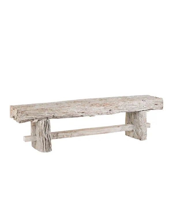 A substantial 68-inch bench crafted from aged reclaimed wood with whitewash finish. The traditional trestle design features mortise and tenon joinery, ensuring each piece is unique with natural variations and patina.