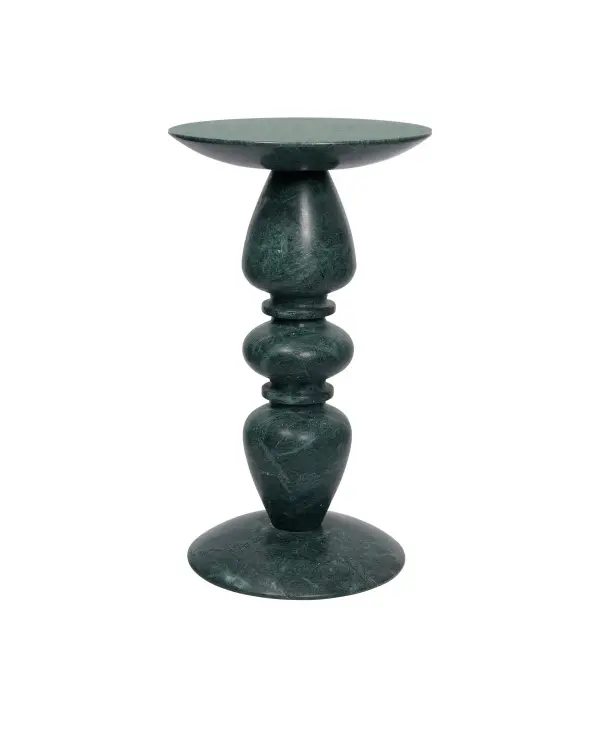 The Nubia Accent Table brings architectural elegance with its turned column design and natural evergreen marble construction. Each piece features one-of-a-kind veining patterns, making it a distinctive accent for modern and transitional interiors.