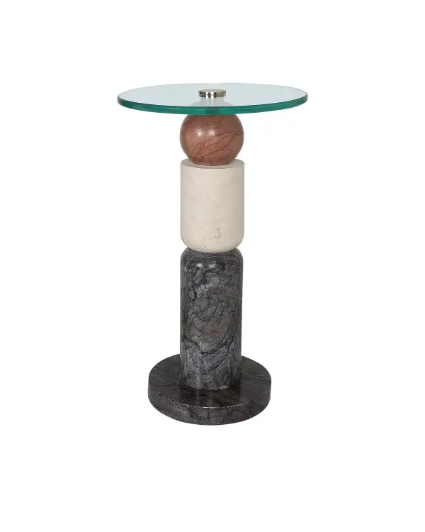 A geometric accent table showcasing three distinct marble varieties with brass detailing and beveled glass top. Each piece features unique natural veining patterns, making it a one-of-a-kind sculptural statement for refined interiors.