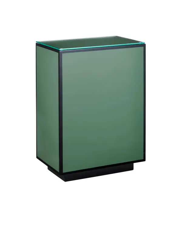 This striking side table showcases traditional lacquer craftsmanship with a modern color palette. The rich green surfaces rimmed in black create visual drama, while the tempered glass top adds functionality. The plinth base provides architectural interest and stability.