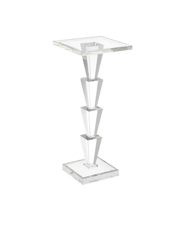 A stunning drinks table featuring six stacked optic crystal forms that create a luminous, architectural presence. The chamfered edges and telescoping design deliver refined elegance perfect for upscale interiors.
