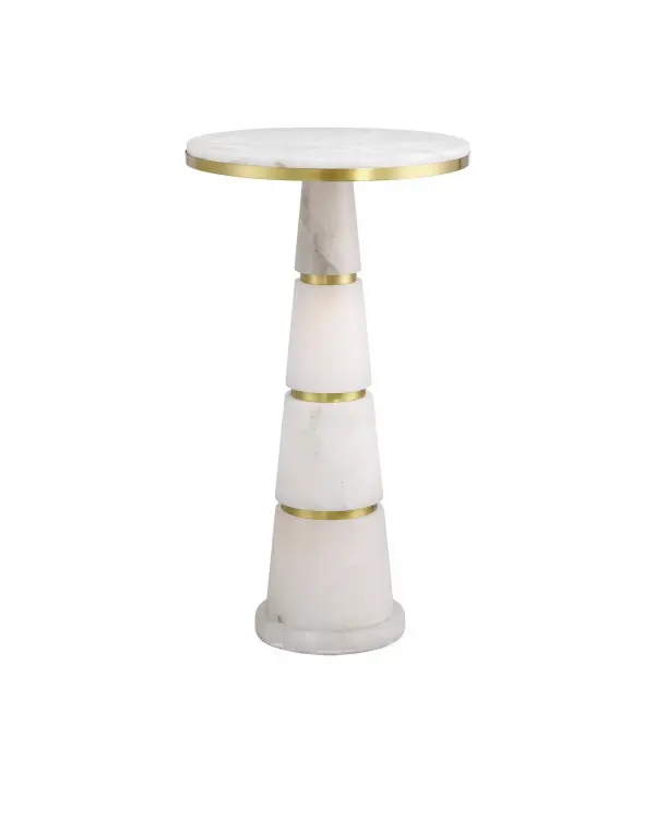 The Eleanora Drinks Table combines natural alabaster with warm brass accents in a sophisticated telescoping design. Its compact footprint and refined materials make it a luxurious accent piece for upscale residential and hospitality settings.