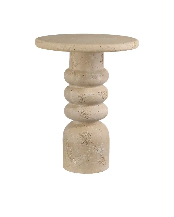 The Rocco Accent Table delivers the luxurious look of natural travertine at a fraction of the weight and cost. Its turned pedestal design and warm beige tone make it a versatile piece that transitions seamlessly between classic and contemporary spaces.