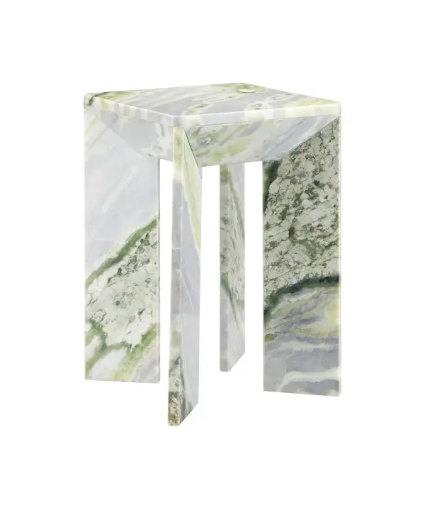 A sculptural accent table crafted from genuine green onyx marble with naturally occurring veins in green, gray, and beige. The angular chamfered design and substantial 70-lb construction make this a statement piece that doubles as functional surface and art object.