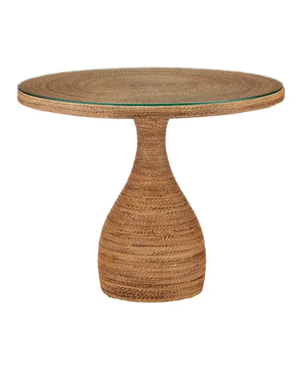 A striking foyer piece that combines organic materials with refined craftsmanship. The inverted wine glass silhouette wrapped in meticulously woven abaca rope creates visual interest while the clear glass top provides functionality.