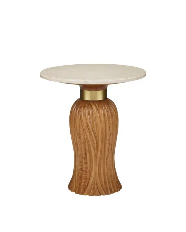 This sophisticated accent table combines organic carved wood with luxurious cream marble, creating a statement piece that bridges traditional craftsmanship and modern elegance. The flowing carved base and mixed material palette add visual interest.