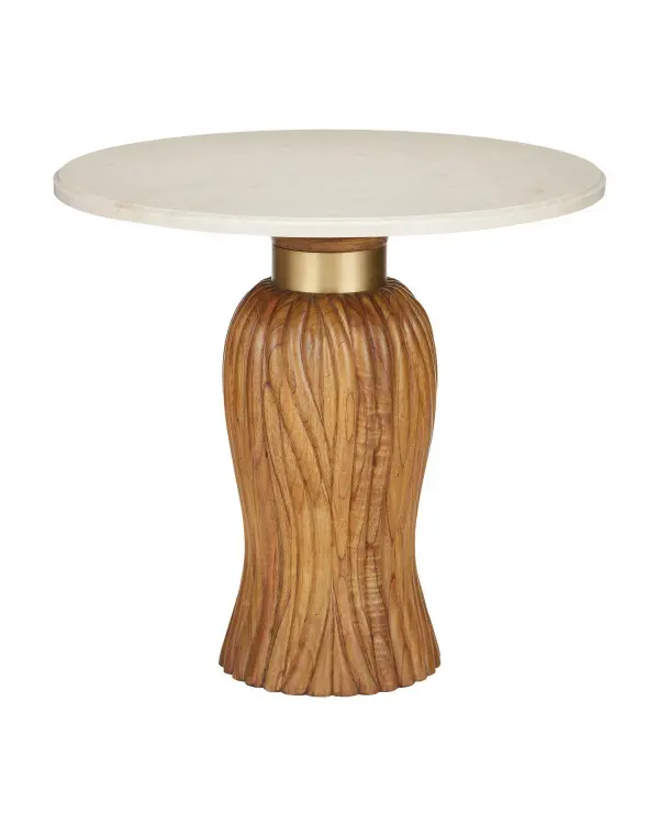 This statement piece combines hand-carved mindi wood with a cream marble top and brushed brass accents. The flowing, organic base creates visual interest while the round marble surface adds sophistication.