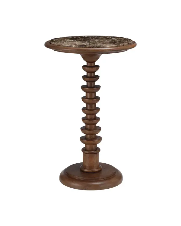 A sophisticated reimagining of the classic French Art Deco 'Corkscrew' table, featuring a solid turned-wood base with sculptural stepped edges and an inset Emperador marble disc top. The balanced proportions and rich dark brown finish make it a versatile accent piece.