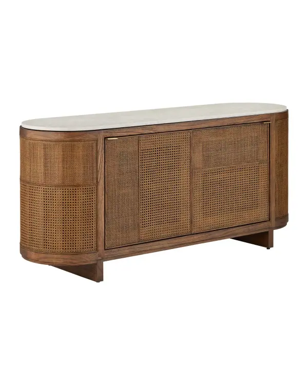A sophisticated storage piece that combines natural materials with artistic design. The Mondrian-like rattan pattern creates visual intrigue while the driftwood finish and marble top add organic elegance.