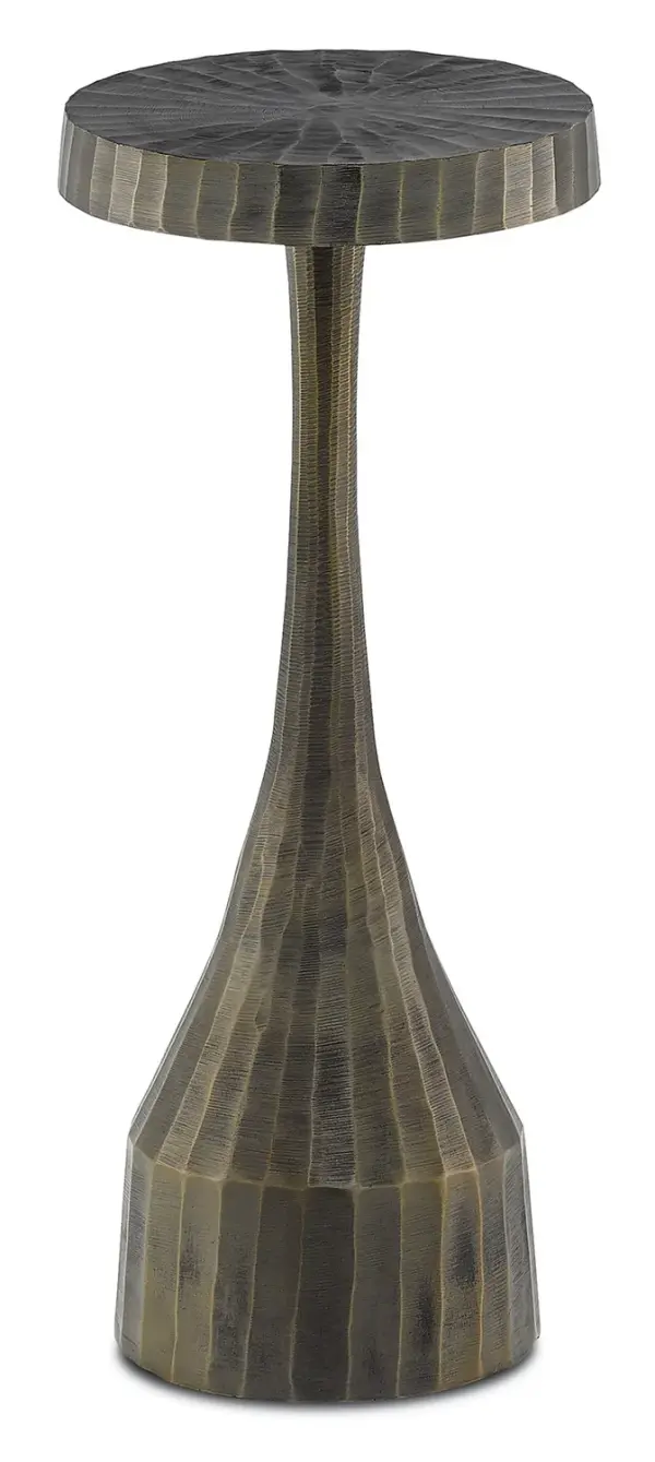 The Luca Drinks Table brings artisanal character to compact spaces with its textured cast aluminum construction and warm vintage brass finish. Wire-brushed detailing creates dimensional interest that catches light beautifully.