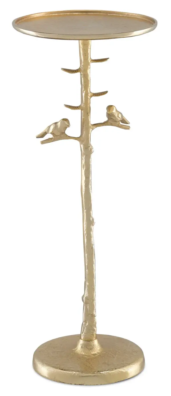 The Piaf Drinks Table brings sculptural charm to small spaces with its cast aluminum construction and luminous gold finish. Two perched birds on branch-like stems create an artful focal point while the compact footprint fits easily beside chairs and sofas.