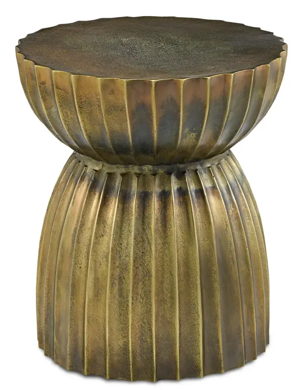 This dual-purpose piece functions as both accent table and decorative stool, featuring cast aluminum construction with heavily distressed antique brass finish. The compact 16-inch footprint and ethnic-inspired design add character without overwhelming smaller spaces.
