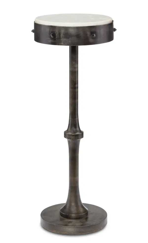 The Helios Drinks Table combines industrial edge with modern farmhouse appeal through its geometric wrought iron base and white marble top. Decorative spike detailing and fluted stem add architectural interest to this compact side table.
