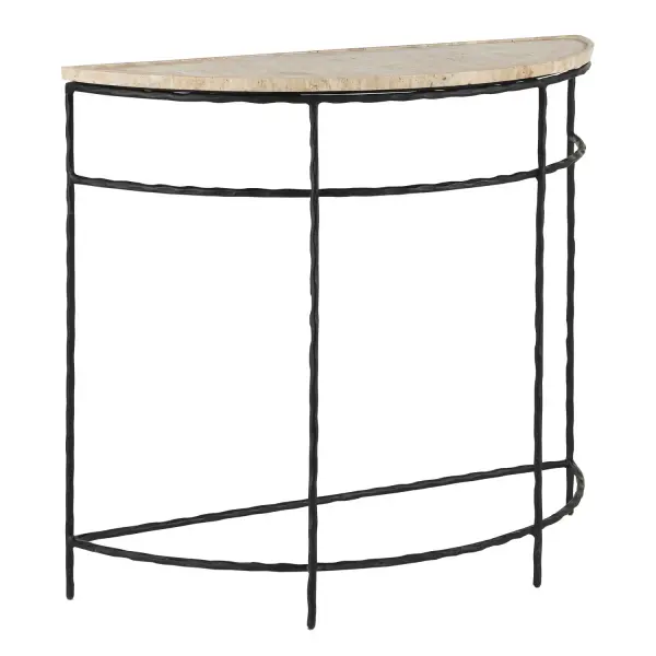 This striking console pairs organic travertine stone with forged black iron for a sophisticated transitional look. The natural stone surface showcases unique pitting, veining, and color variation from ivory to warm tan, making each piece one-of-a-kind.