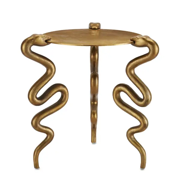A striking conversation piece featuring cast aluminum serpents supporting a disc top. The antique brass finish with artisanal patina creates luminous surfaces that glow when light hits them. Compact 18-inch size works in various spaces.