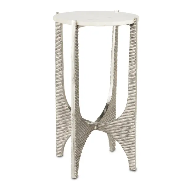 The Micha combines artisanal metalwork with natural stone elegance. Its textured cast aluminum base features dynamic striations that create visual movement, while the white marble top adds refined contrast.