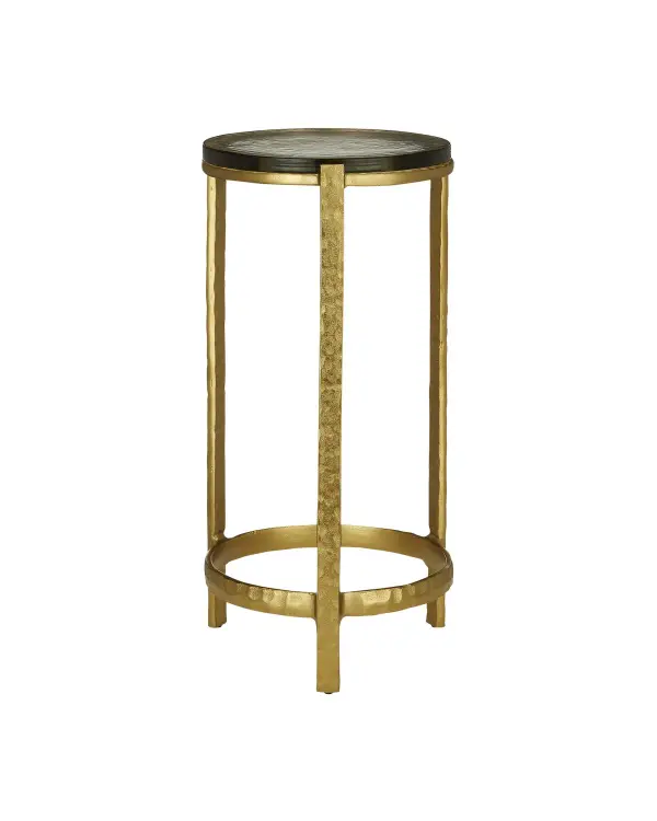 A stunning fusion of art and function, this handcrafted drinks table features hammered cast aluminum in gold finish topped with textural cast glass. The compact 12-inch diameter makes it perfect as a sophisticated accent piece.