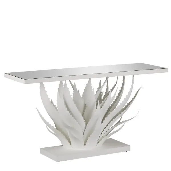 A striking console table that brings organic drama to any space. The oversized wrought iron leaves curl upward in a botanical flourish, finished in crisp gesso white with a mirrored top that adds light and dimension.
