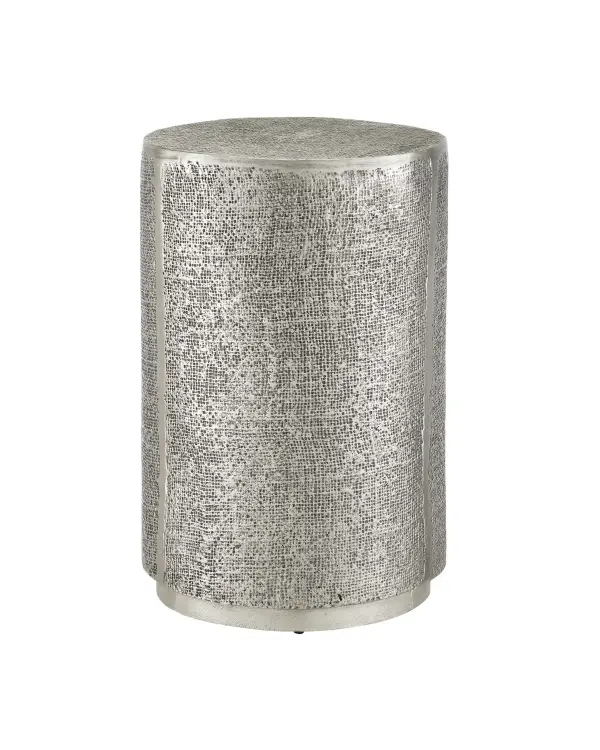 The Kabeen Accent Table showcases exceptional foundry craftsmanship with its cast aluminum construction and distinctive burlap-textured surface. The antique silver finish and compact 12.5" diameter make it a versatile accent piece.