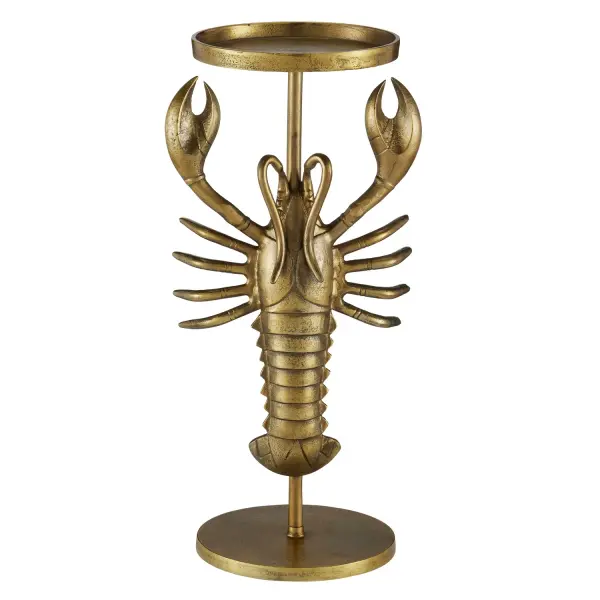 A charming conversation piece that brings coastal elegance to any space. The sculptural lobster detail on the slender stem creates instant visual interest, while the antique brass finish adds warmth and sophistication. Perfect for seaside homes or anyone seeking a unique accent table with personality.