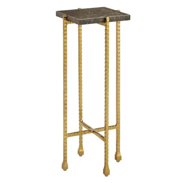 This petite drinks table combines gold iron with cappuccino stone for a sophisticated accent piece. The X-shaped stretchers and sculptural legs create visual interest while maintaining a compact 9.25" footprint perfect for tight spaces.