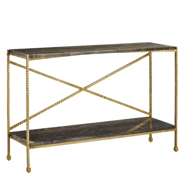 A striking console table that marries industrial design with contemporary elegance. The X-shaped stretchers and sculptural legs in gold iron create dramatic visual interest, while the cappuccino marble top adds warmth and sophistication.